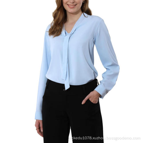 Women's Bow Tie Neck Chiffon Blouses Dressy Work Shirt Long Sleeve Casual Office Wear